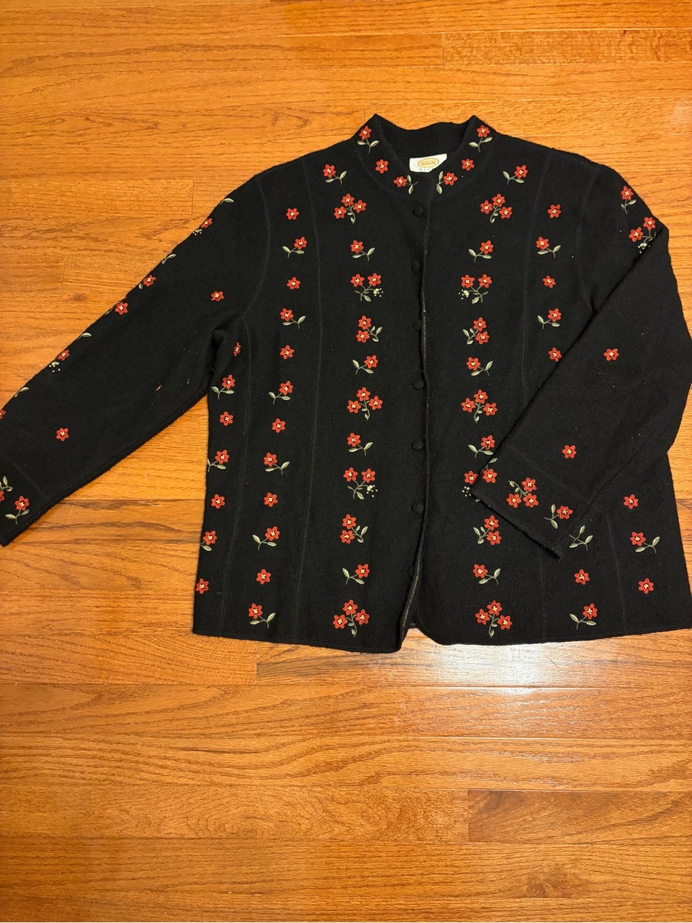 Talbots | Vintage Wool Black Button-Front Jacket with Red Floral Embroidery 2x